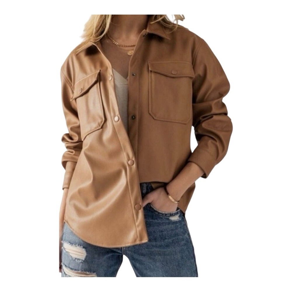NWOT Women's Love Tree Tan Faux Leather Button Down Shirt Jacket Size S